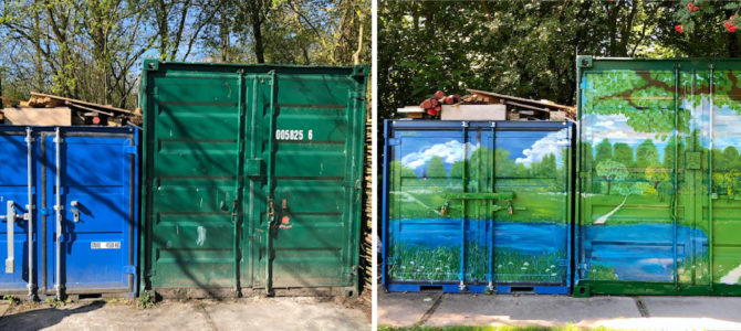 Metamorfose van de containers in de Natuurtuin:  Van lelijke obstakels naar kunstwerkje